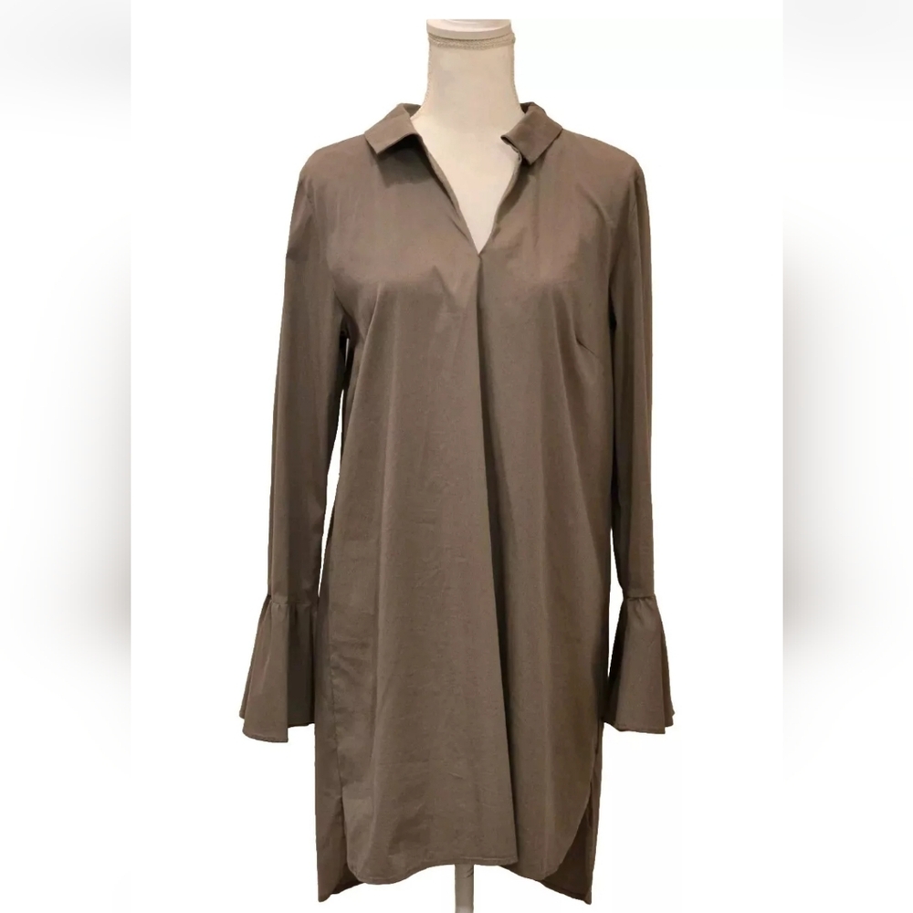 Bobeau Shift Midi Dress Olive Green Pullover Bell Sleeves Cotton Sz Medium